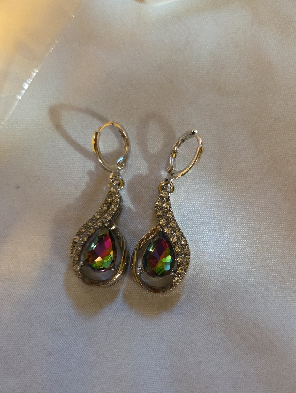 Silver Teardrop Earrings with Iridescent Multicolor Crystal